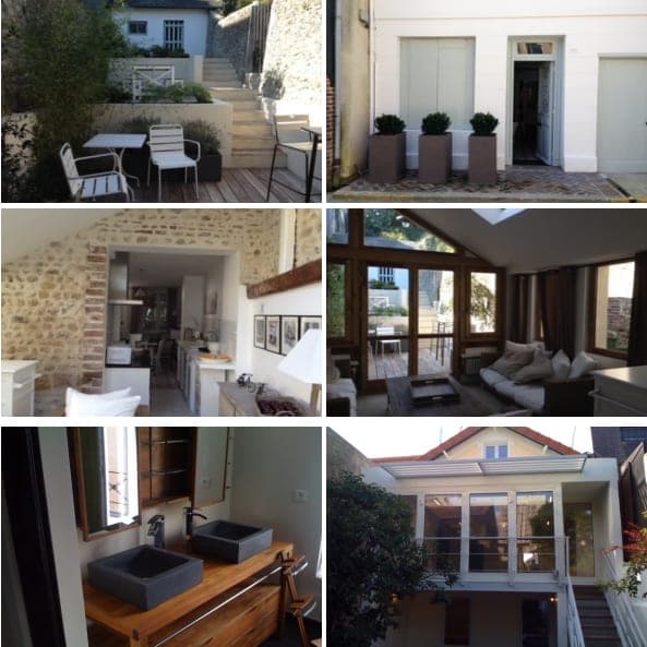 Planche de six vues d'une maison : terrasse en bois, escalier en pierre, pièce vitrée sous charpente