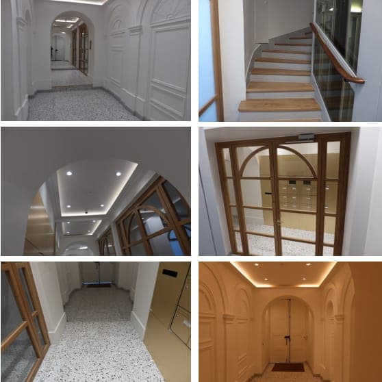 Planche de six vues d'un hall : enfilade d'arches, escalier aux marches en bois clair, double porte vitrée en chêne